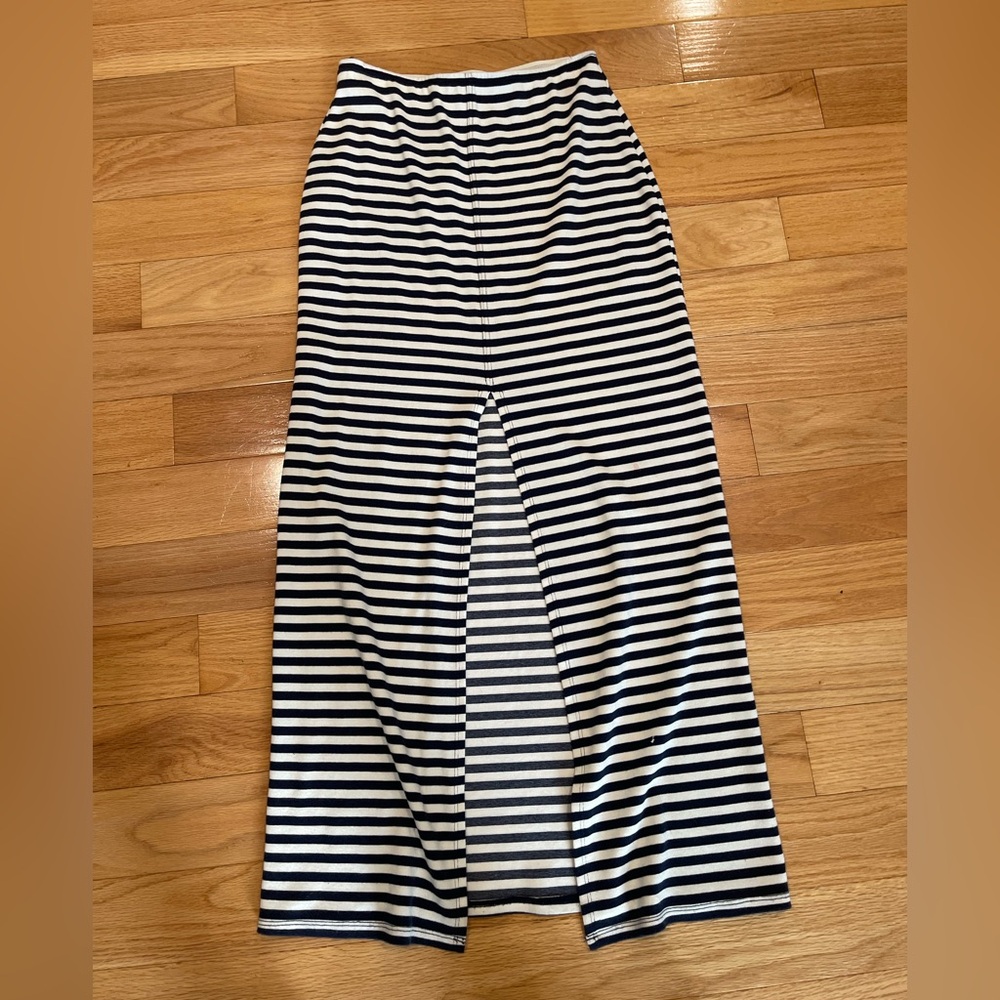 Striped Navy and White Maxi Skirt With Slit in Front